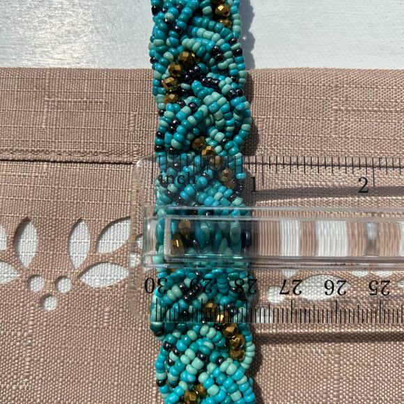 Turquoise and Gold Beaded Chocker Rope-Twist Beaded Necklace 19" - Picture 9 of 13